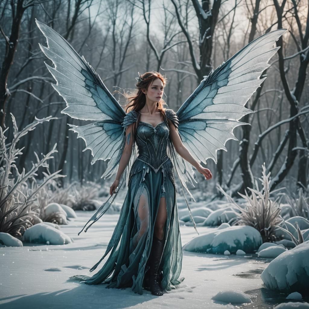 Frozen Fairy with Long Wings: Cinematic Film Still