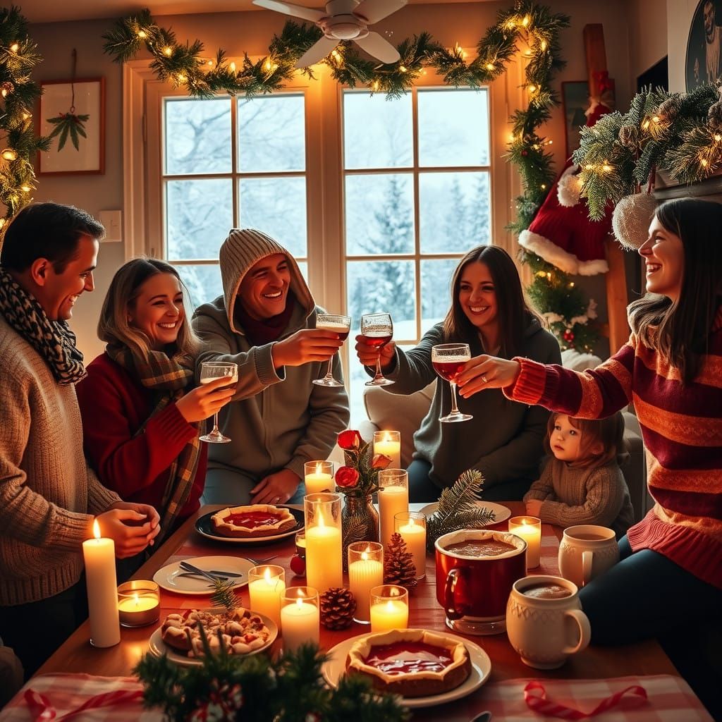Vibrant Winter Gathering in a Warmly Lit Living Room