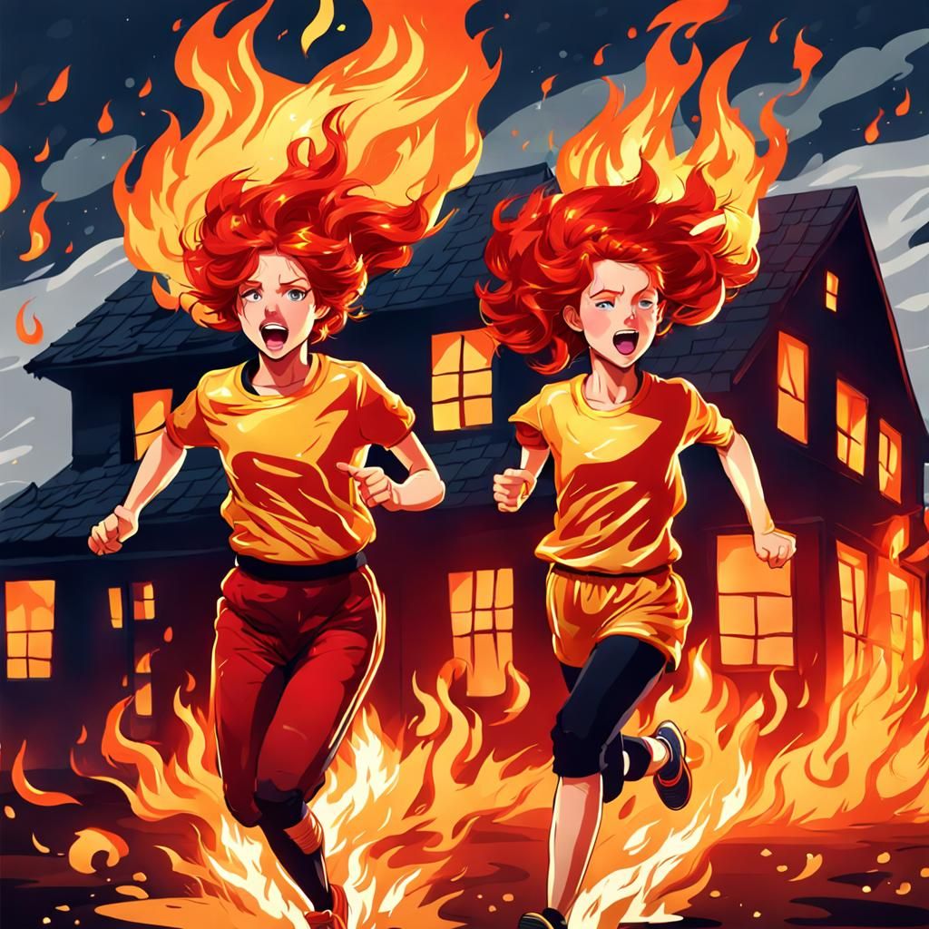 Girls on Fire Running from Burning House
