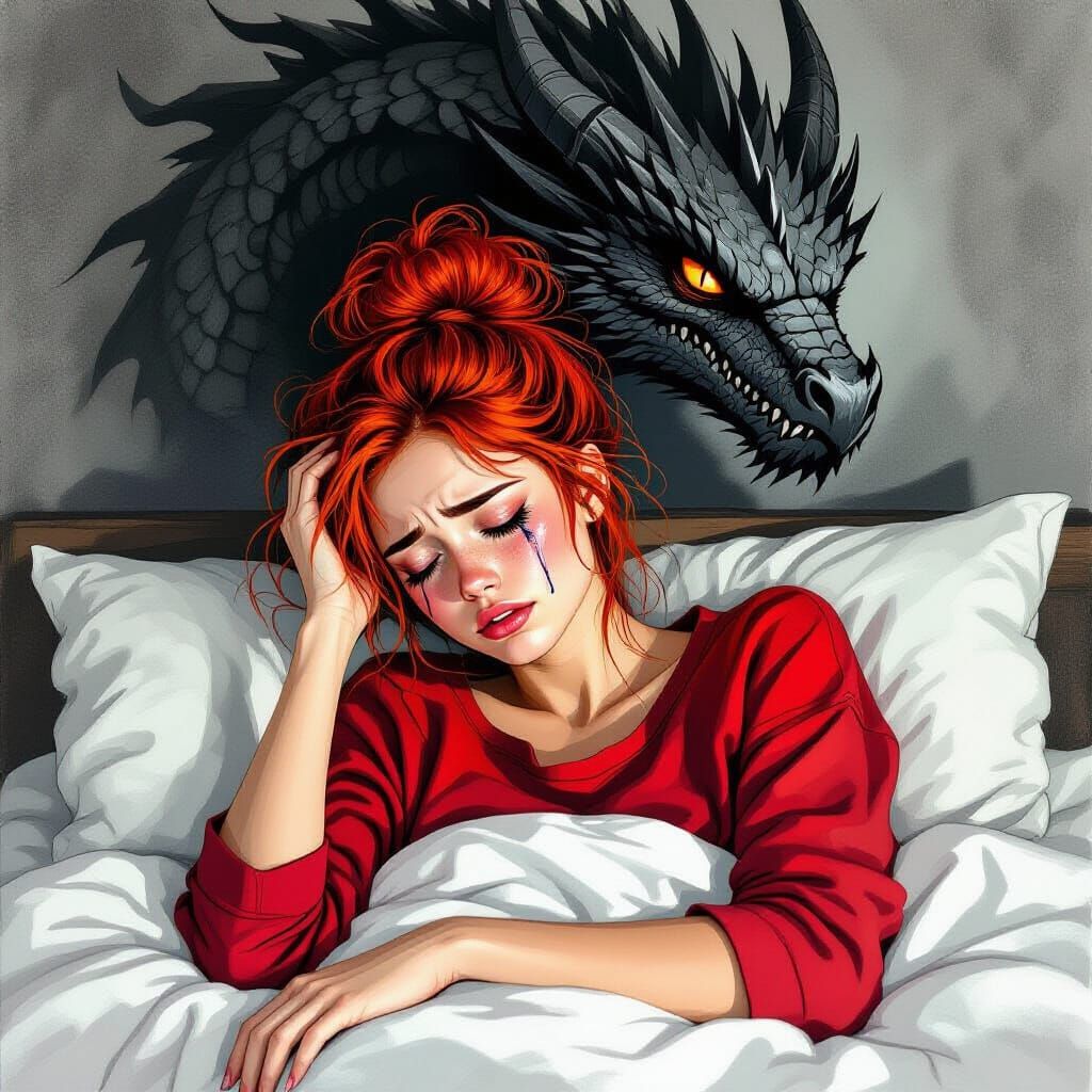 Fiery Haired Woman's Dragon Dream, Charcoal Drawing