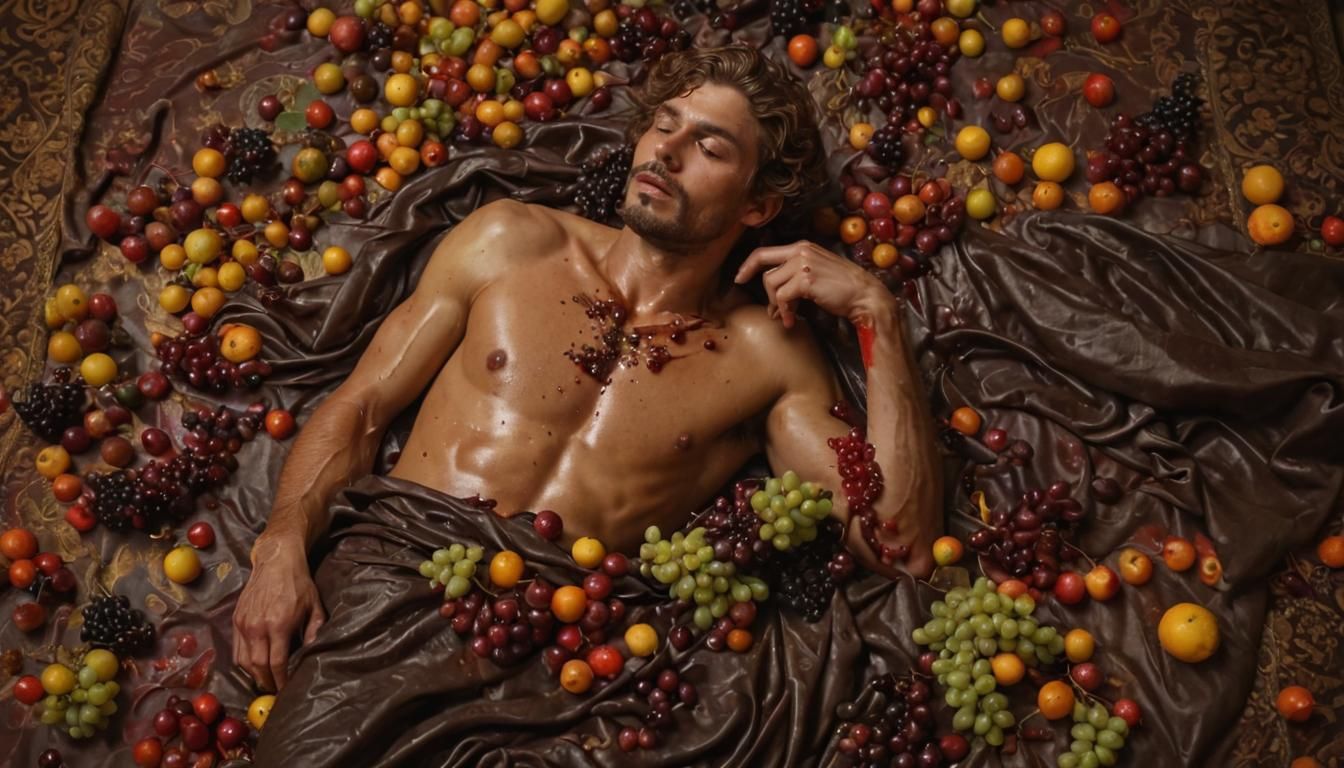 Baroque Man Indulges in Chocolate and Fruits Feast