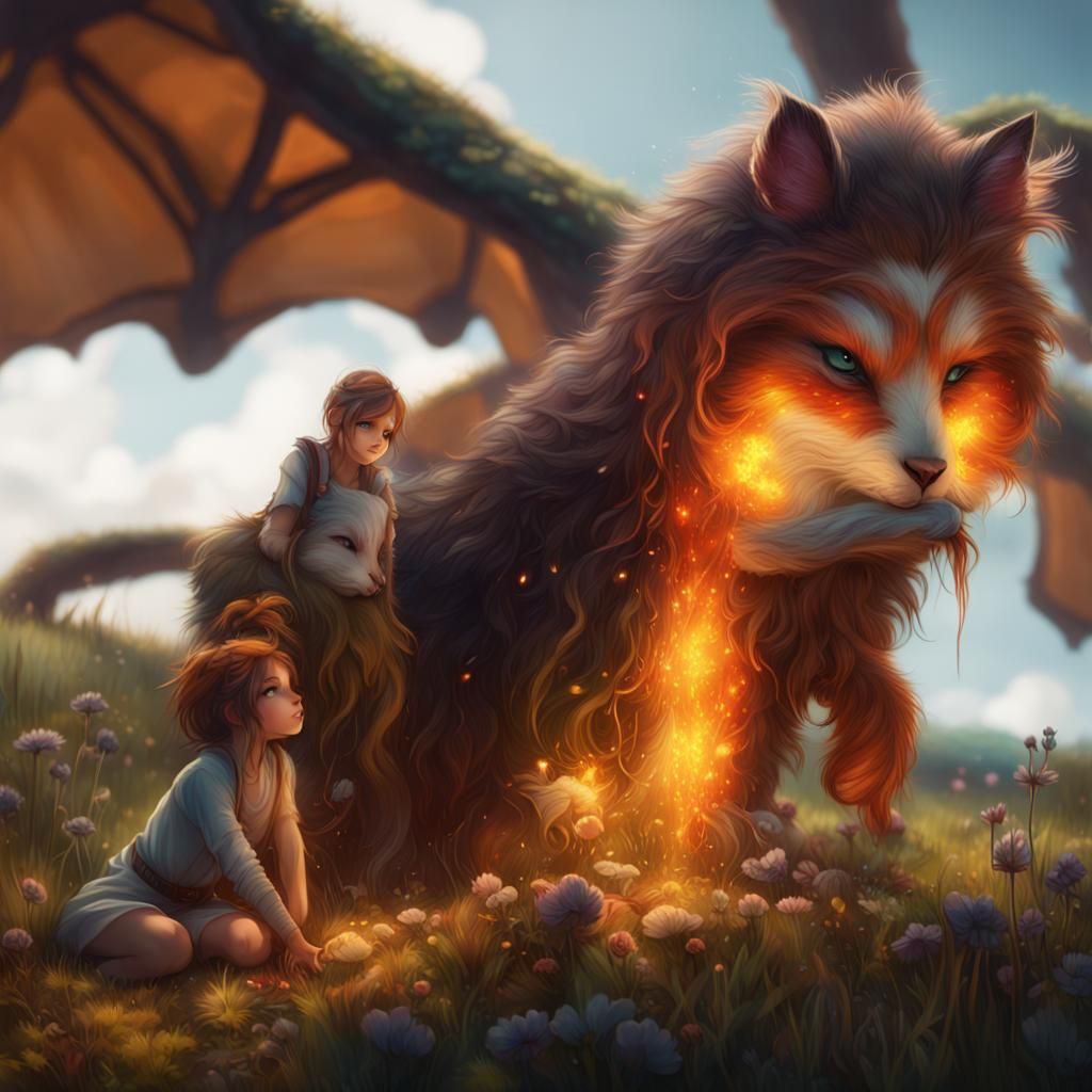 Girl and Furry Creature in Meadow: Fantasy Concept Art