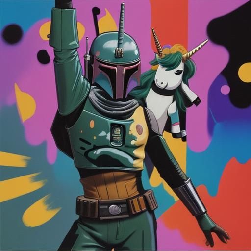Boba Fett Disco Dancing with Unicorn in 70s Club