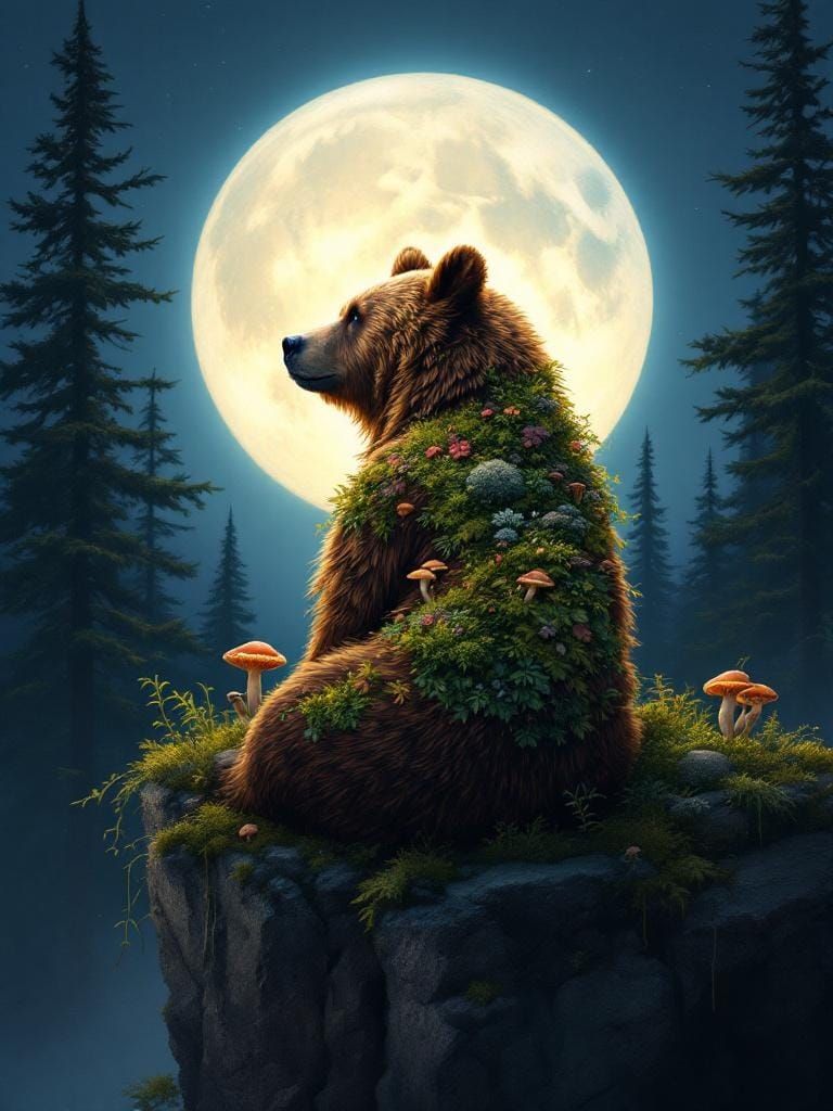 Grizzly Bear with Moss and Fungi, Digital Painting