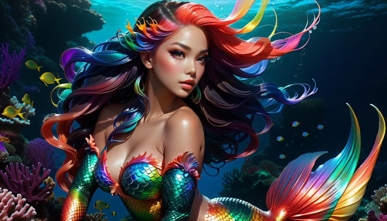 Rainbow Eldritch Mermaid in Detailed Acrylic Art