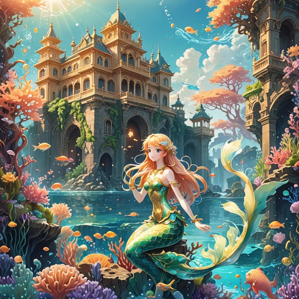 Ethereal Anime Mermaids Dance in Vibrant Coral Reef Palace