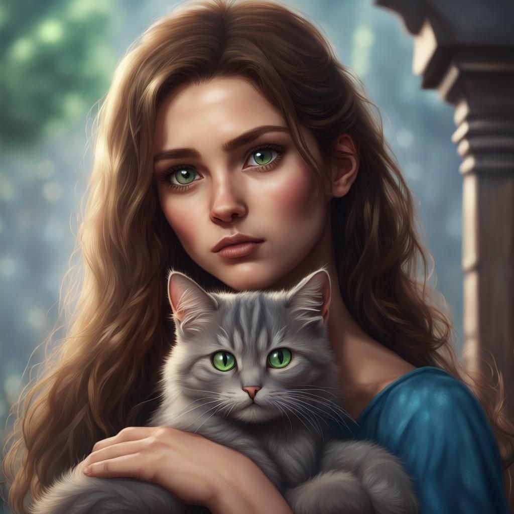 Girl with Cat: Detailed Fantasy Art