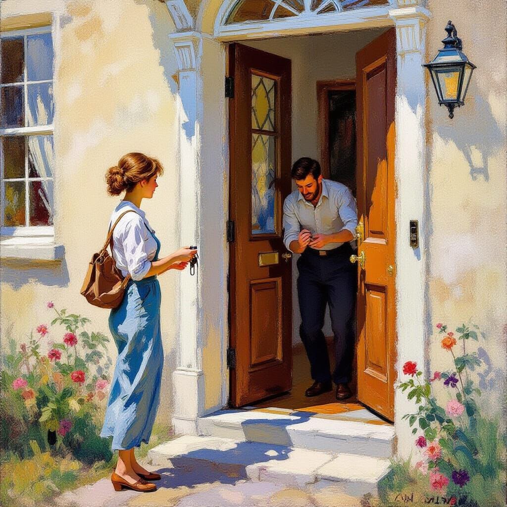 Impressionist Woman Opens Door for Man