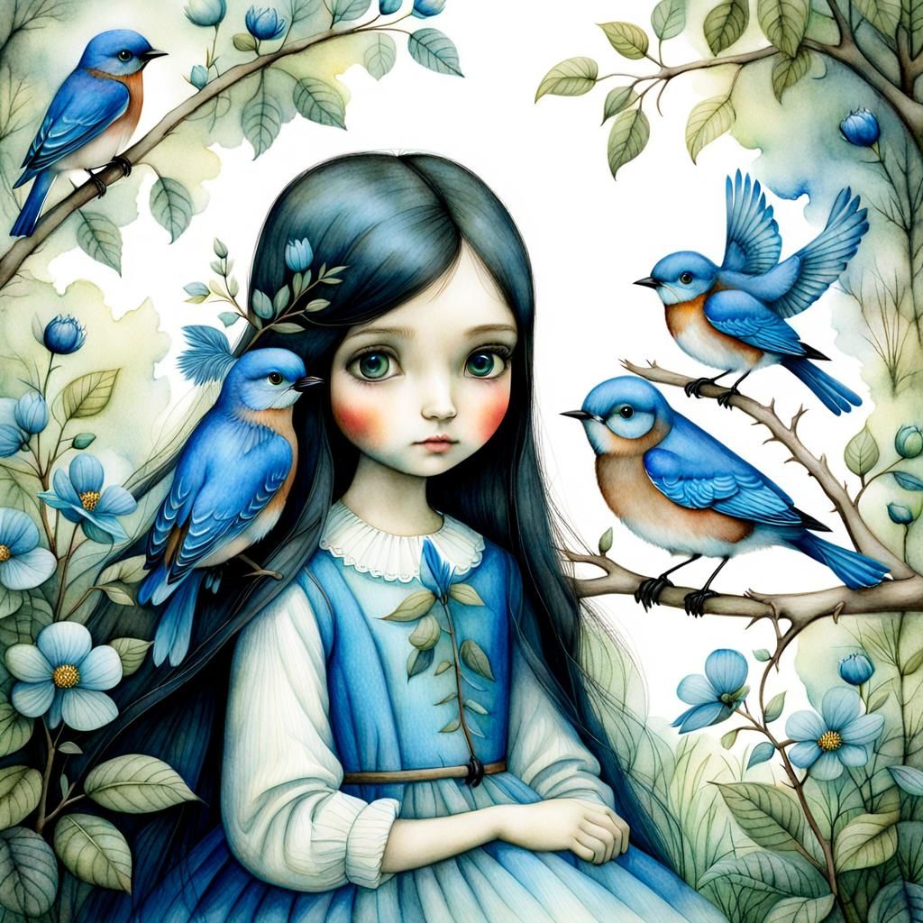 Bluebird and Girl in Garden: Watercolor Storybook Art