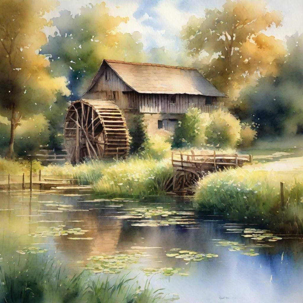 Idyllic River Landscape in Watercolour Style