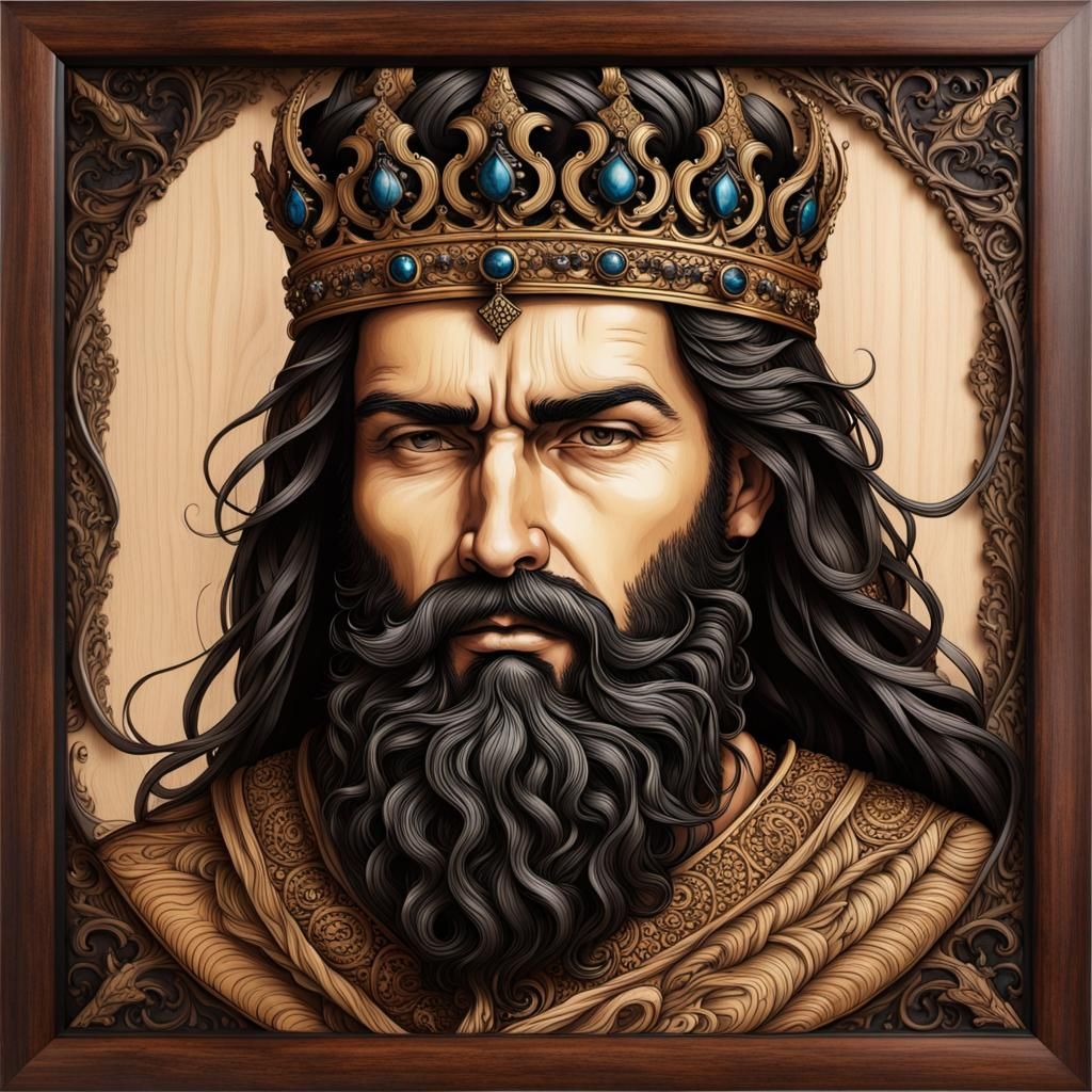 Detailed Wood Burning Art: Regal King Portrait
