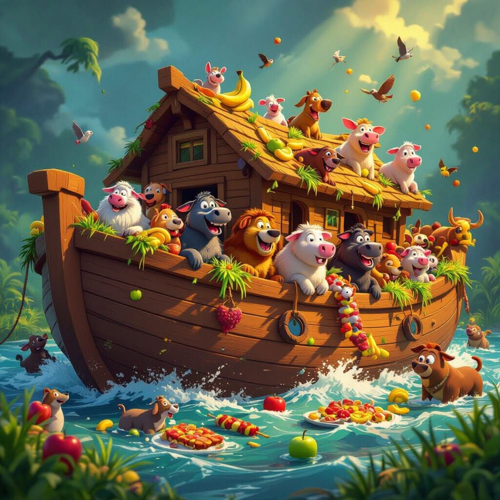 Noah's Ark Overloaded with Animals, Cartoon Style