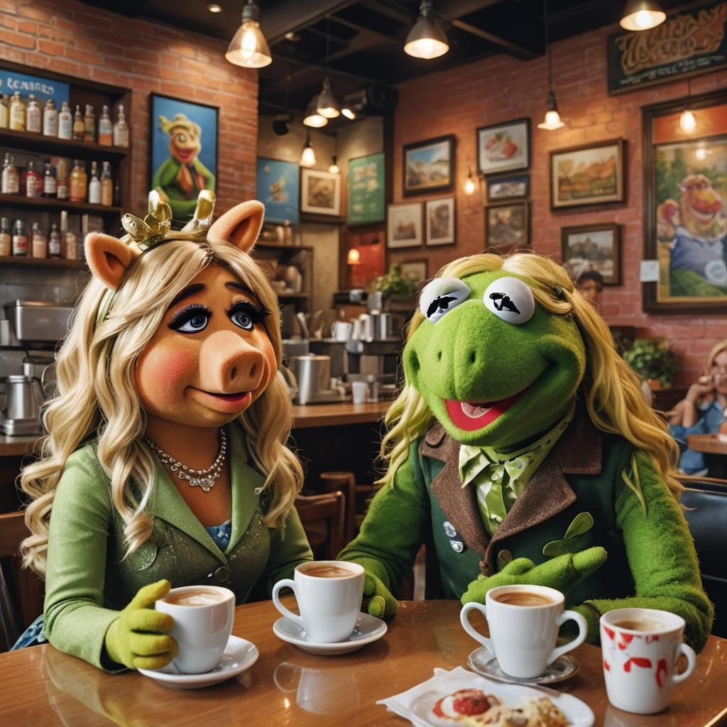 Miss Piggy and Kermit at Coffee Shop