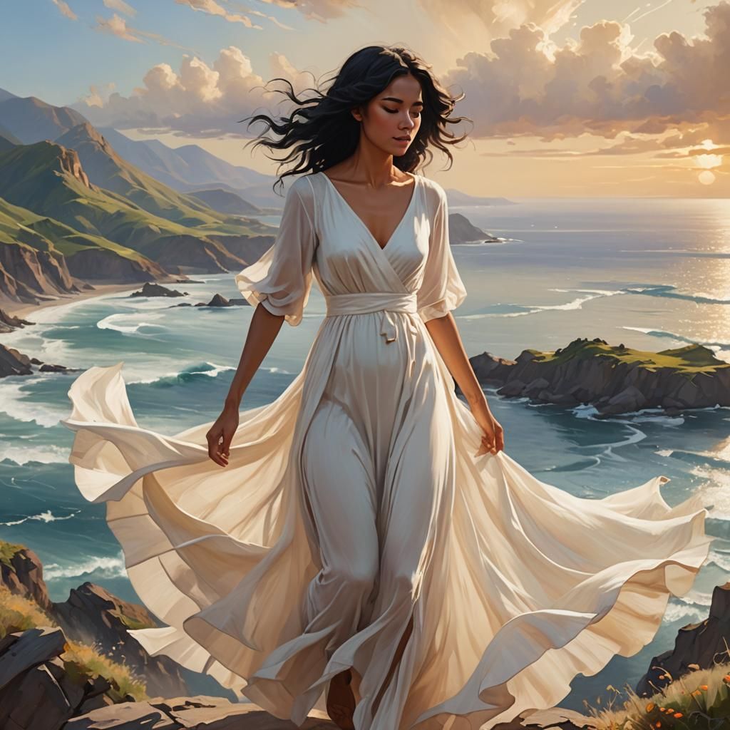 Woman in White Dress Overlooking Ocean: Dreamy Oil Painting