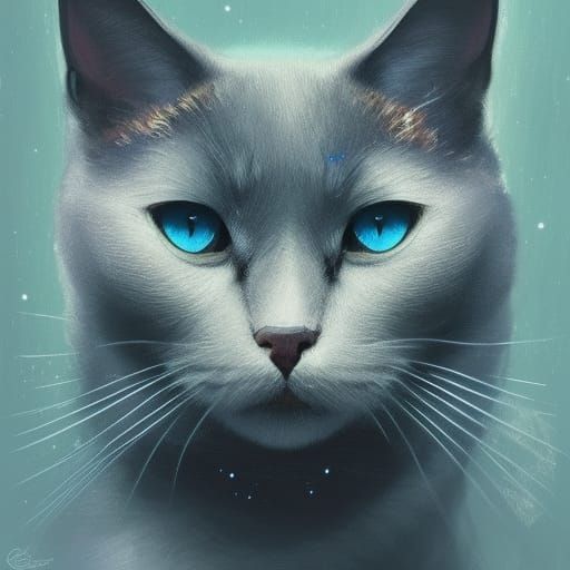 Blue-Gray Cat Gazing at Stars in Hyperdetailed Portrait