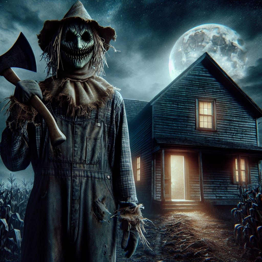 Terrifying Scarecrow Figure at Farmhouse Door Digital Painti...