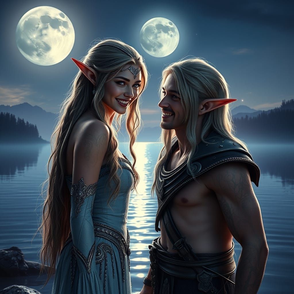 Romantic Elven Couple by Moonlit Lake: Cinematic Fantasy