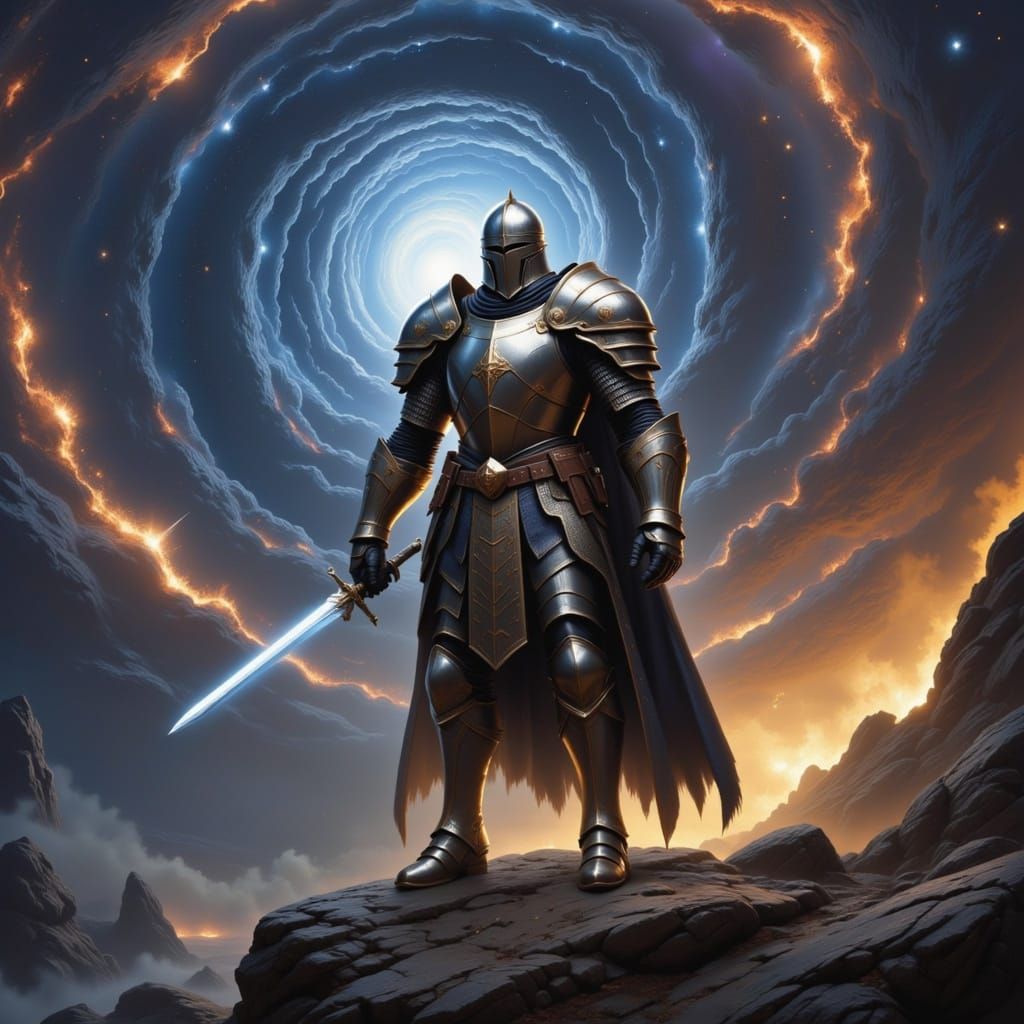 Colossal Knight Guards Celestial Gateway in Cosmic Fantasy A...