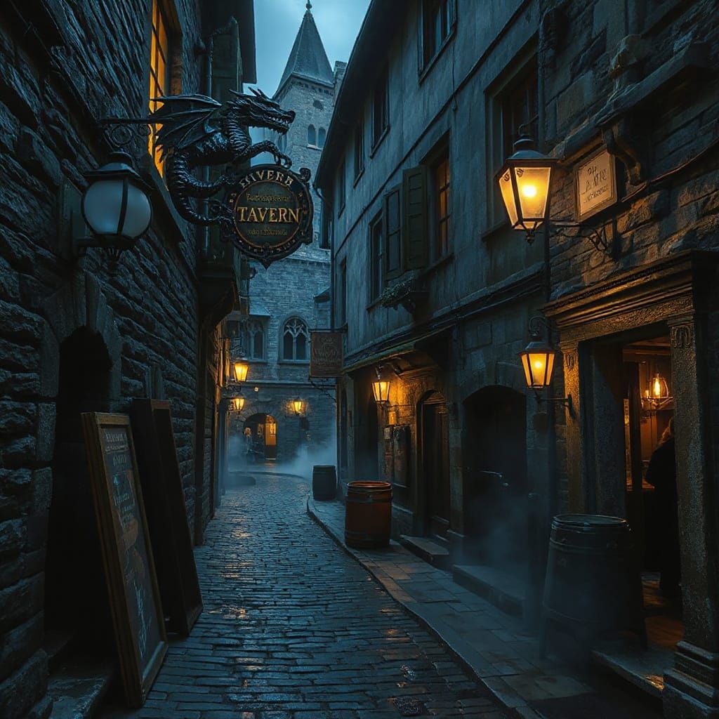 Medieval Alleyway at Night with Dragon Tavern Sign