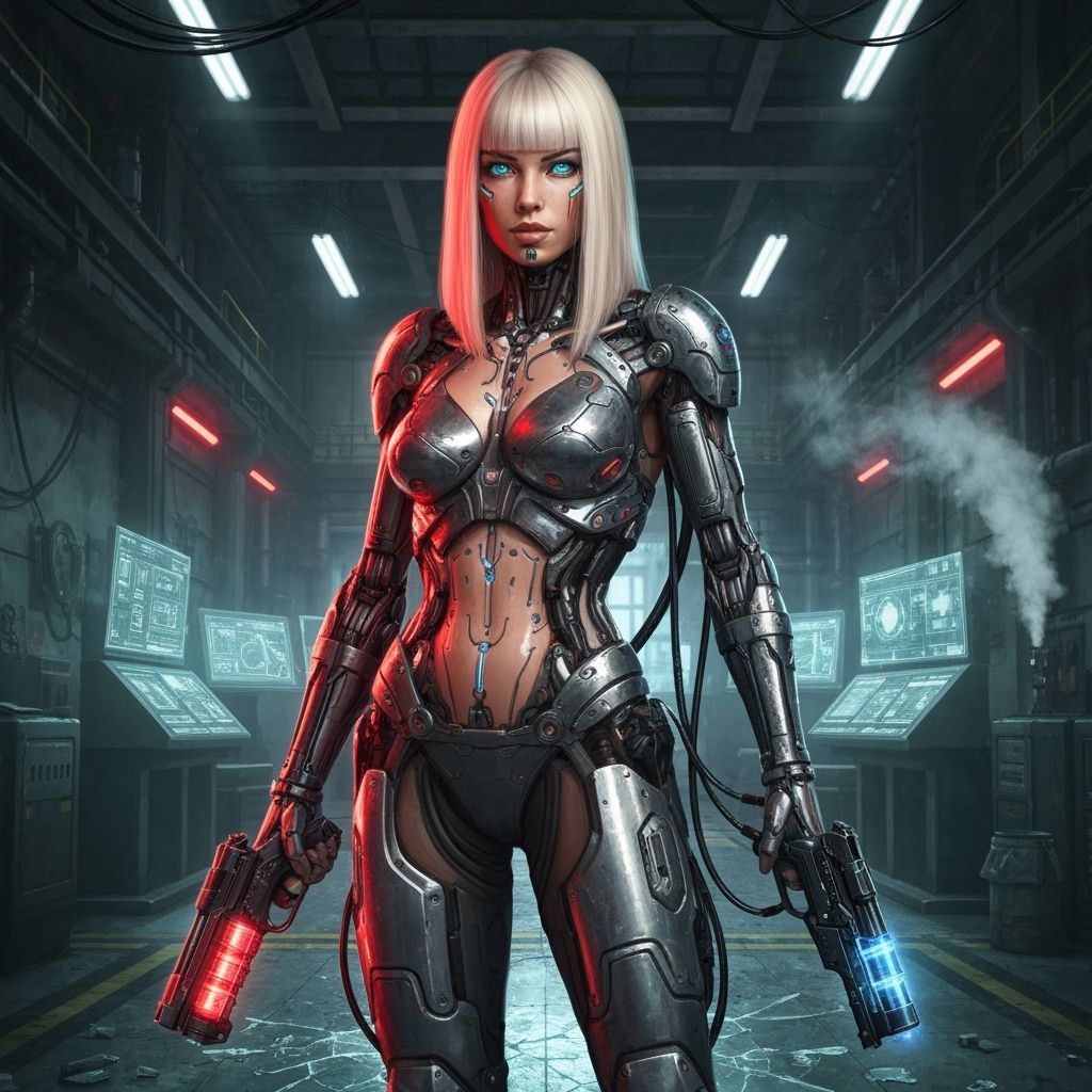 Cyborg Woman with Energy Pistol in Neon Industrial Lab