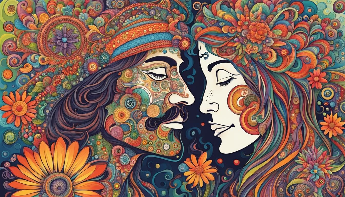 Detailed Abstract Flower Power Art with Hippie Couples