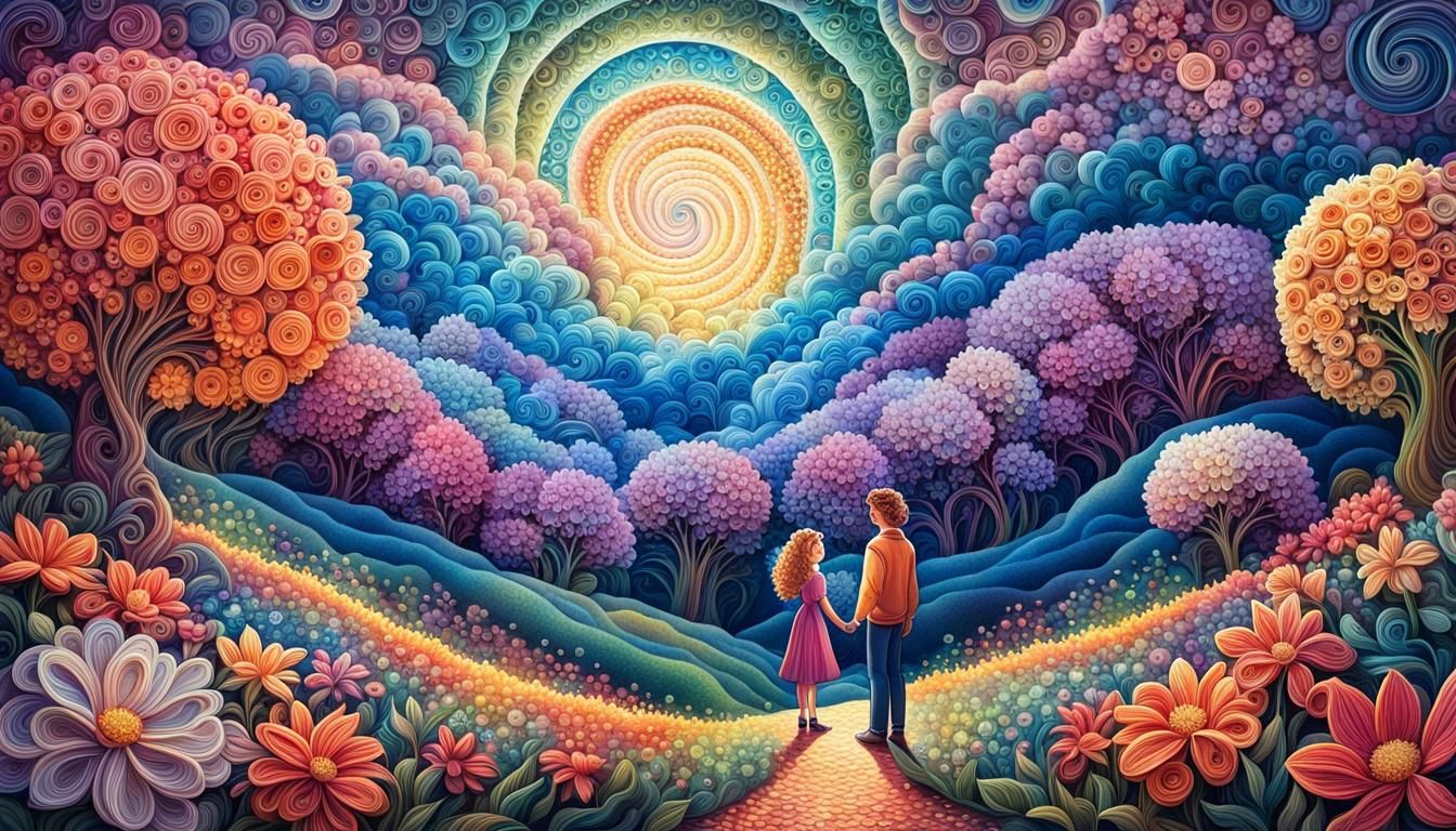 Whimsical Garden Portrait in Pointillism Style