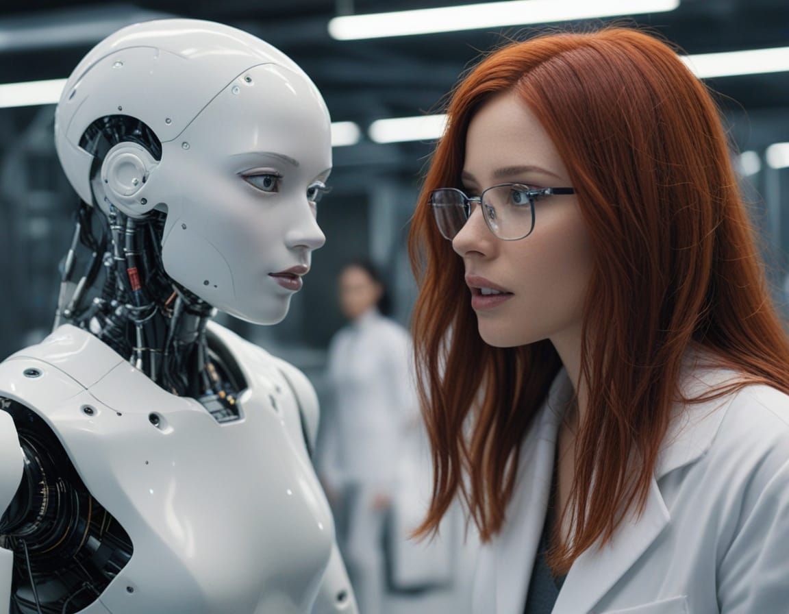 In the image, a woman scientist in a white latex lab coat in...