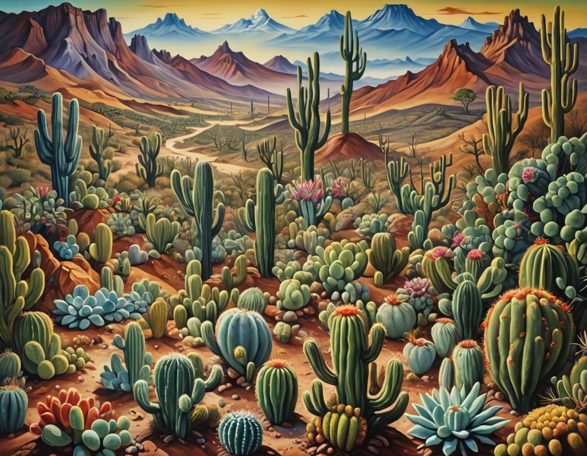 Surreal Mexican Landscape with Cacti in Dali Style