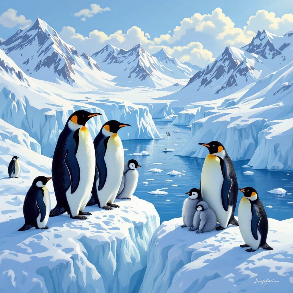 Emperor Penguins on Ice Cliffs in Semi-Realistic Style