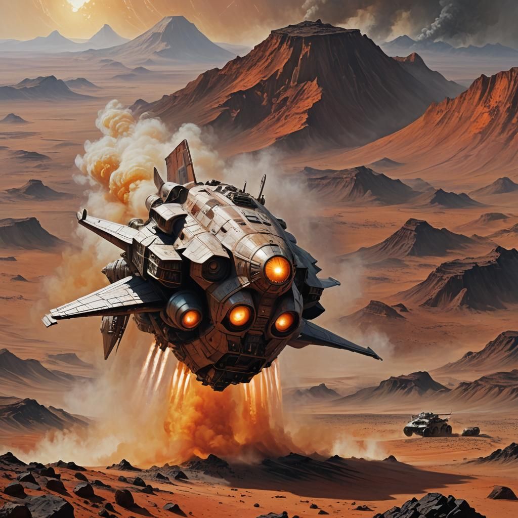 Spaceship Landing on Red Alien World: Oil Painting