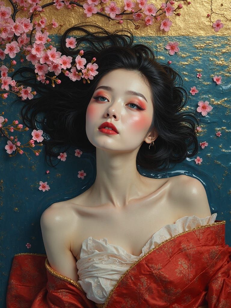 Geisha in Liquid Gold Under Cherry Blossoms