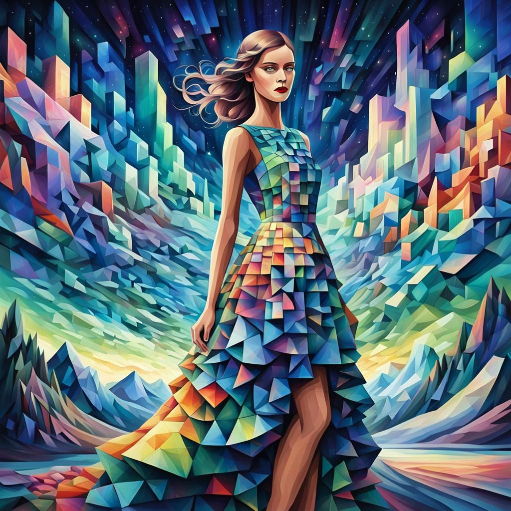 Colorful Cubic Dress Beneath Northern Lights