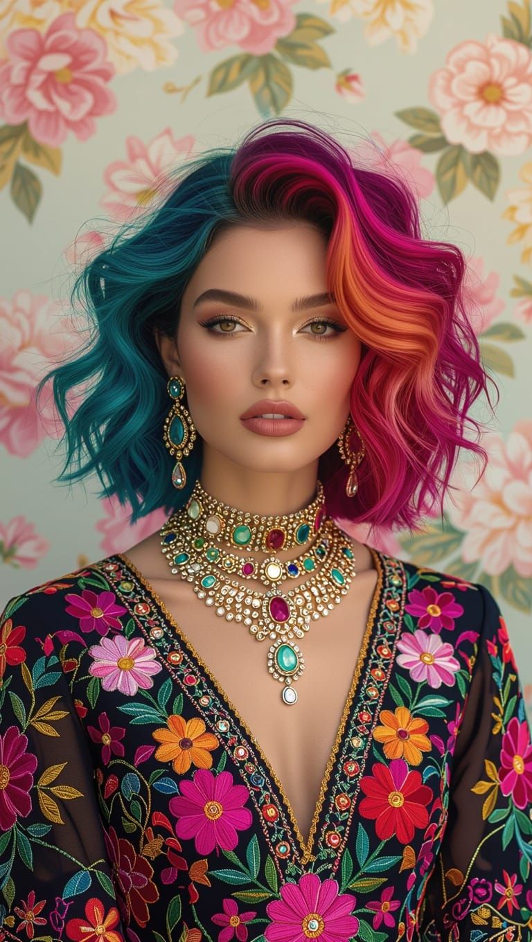 Rainbow Goddess in Vibrant Floral Paradise