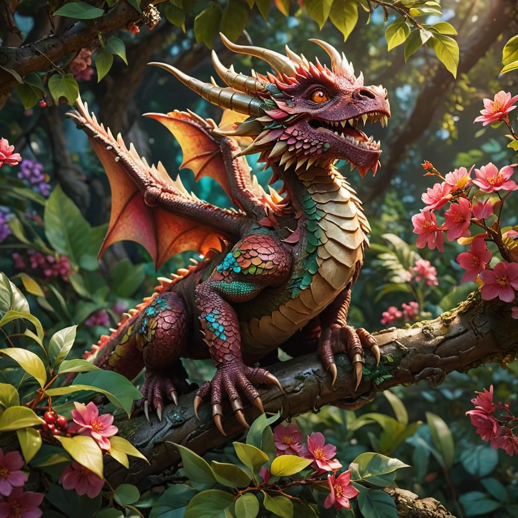 Cherry Dragon on Branch: Pixar-Inspired Digital Art