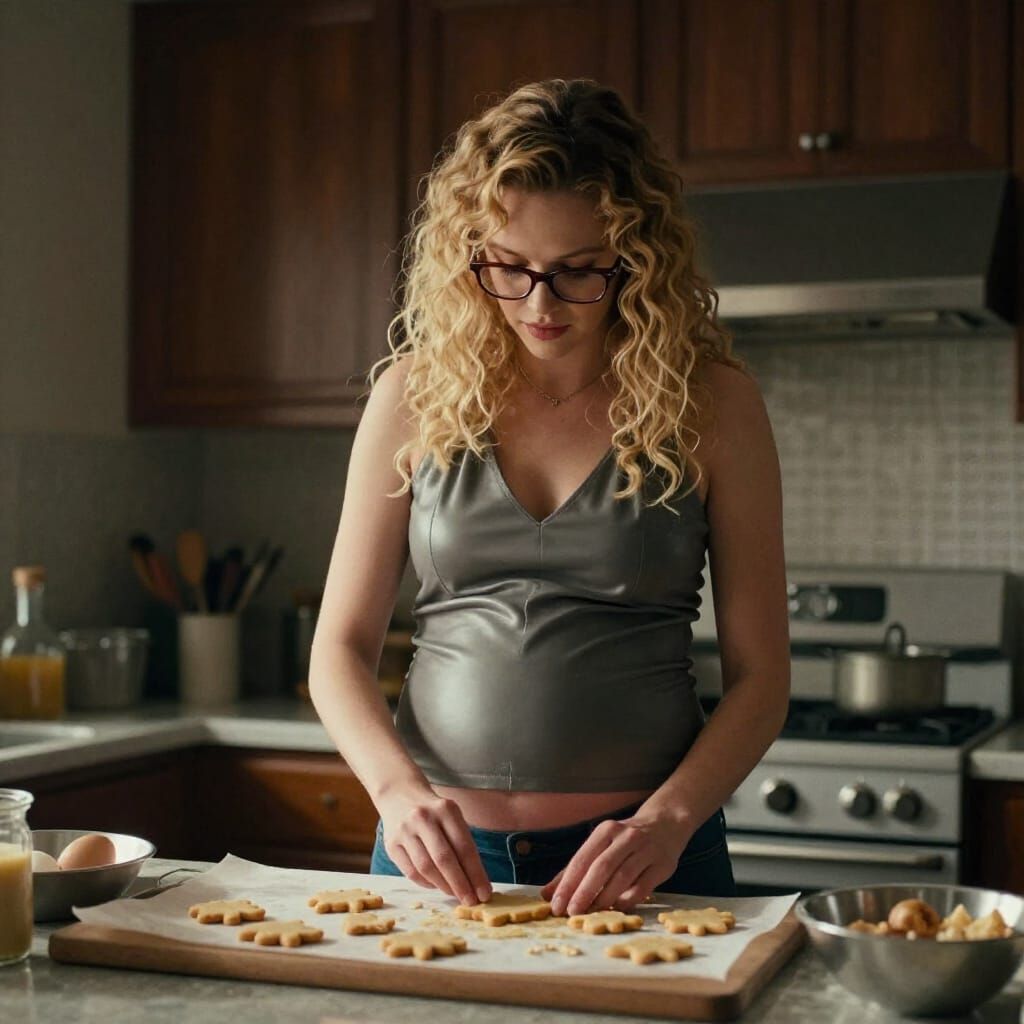 Pregnant Woman Baking Cookies in Kitchen - Cinematic Style
