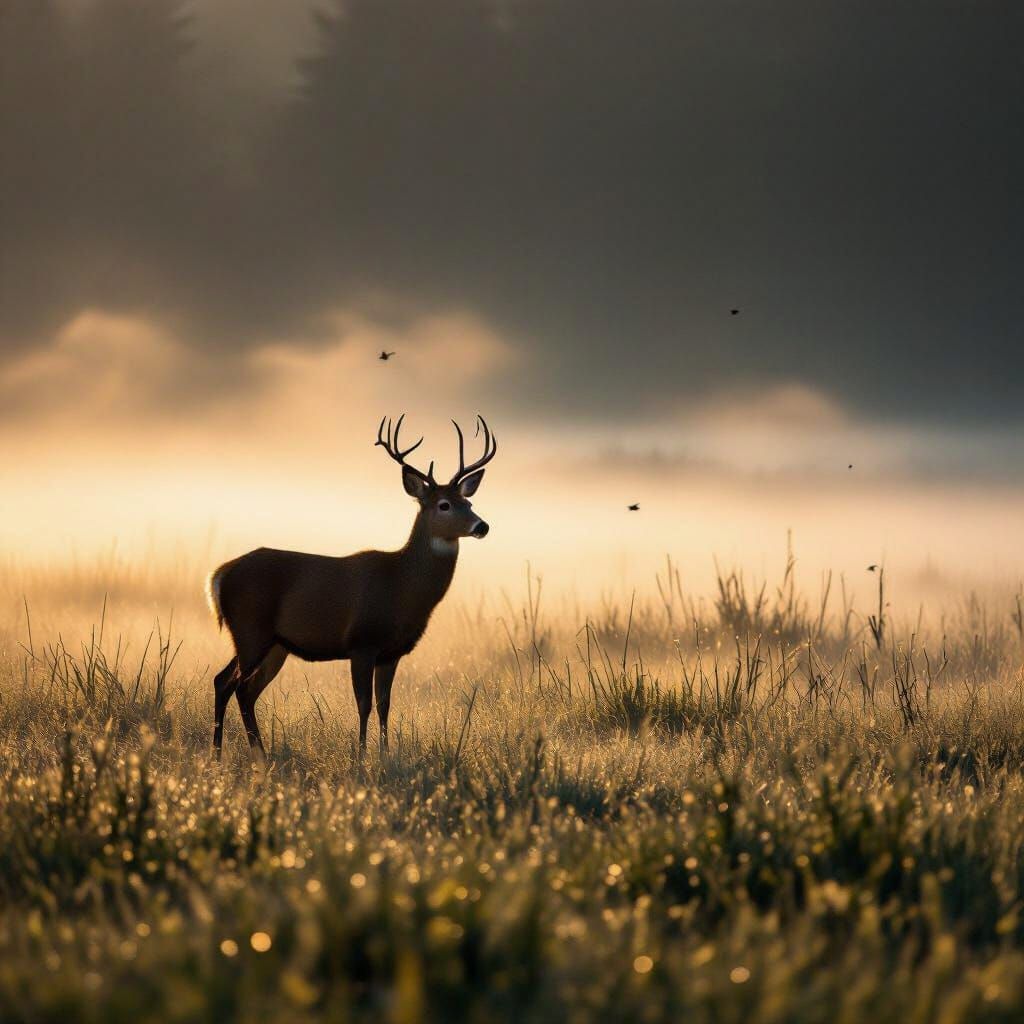 Majestic Deer in Misty Meadow at Dawn