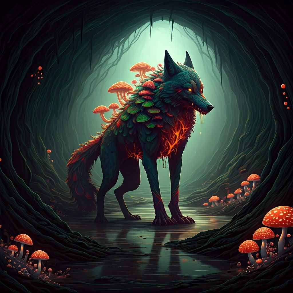 Dark Fantasy Mushroom Wolf Beast in Bioluminescent Swamp