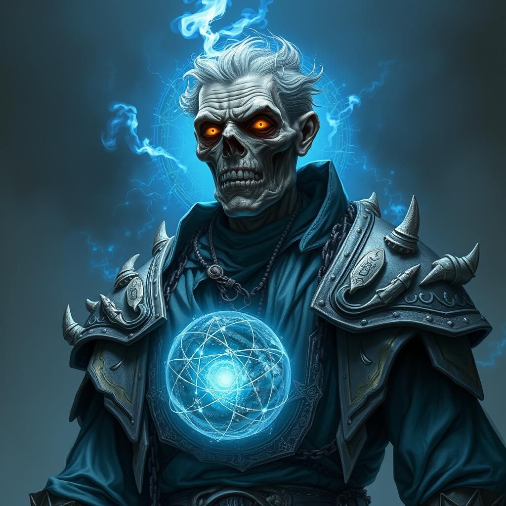 Mummified Sorcerer with Blue Flame, in Dark Symbolic Style