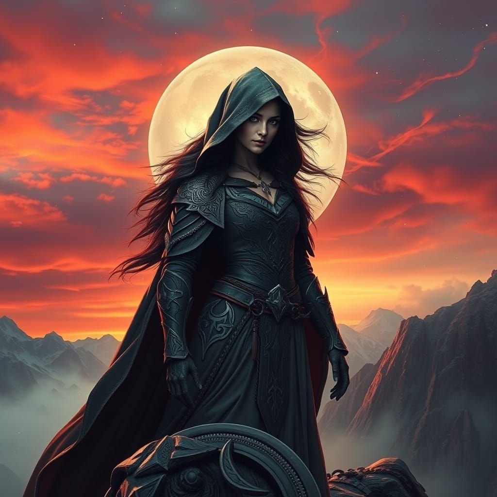 Mystical Warrior Maiden in Crimson Sunset Landscape