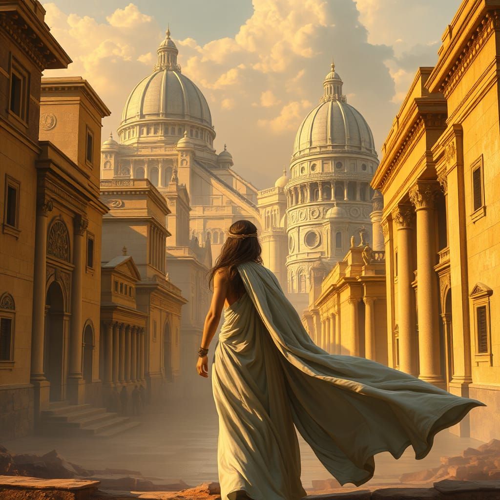 Ancient Pisa Cityscape with Woman in Flowing Robes