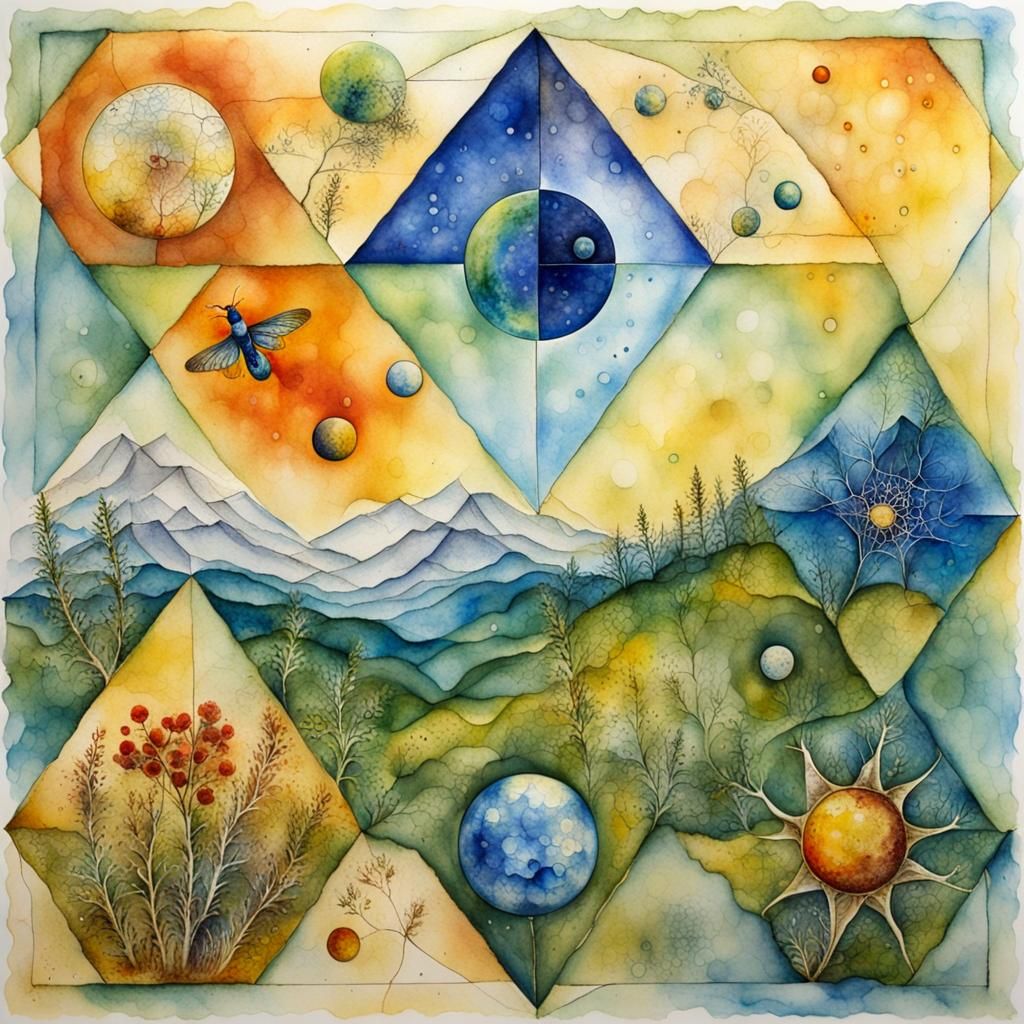 Heliocentric Wild Nature Scene in Watercolor Style
