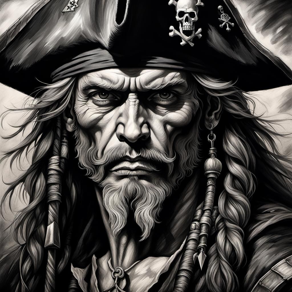 Detailed Charcoal Pirate Portrait with Triangular Hat