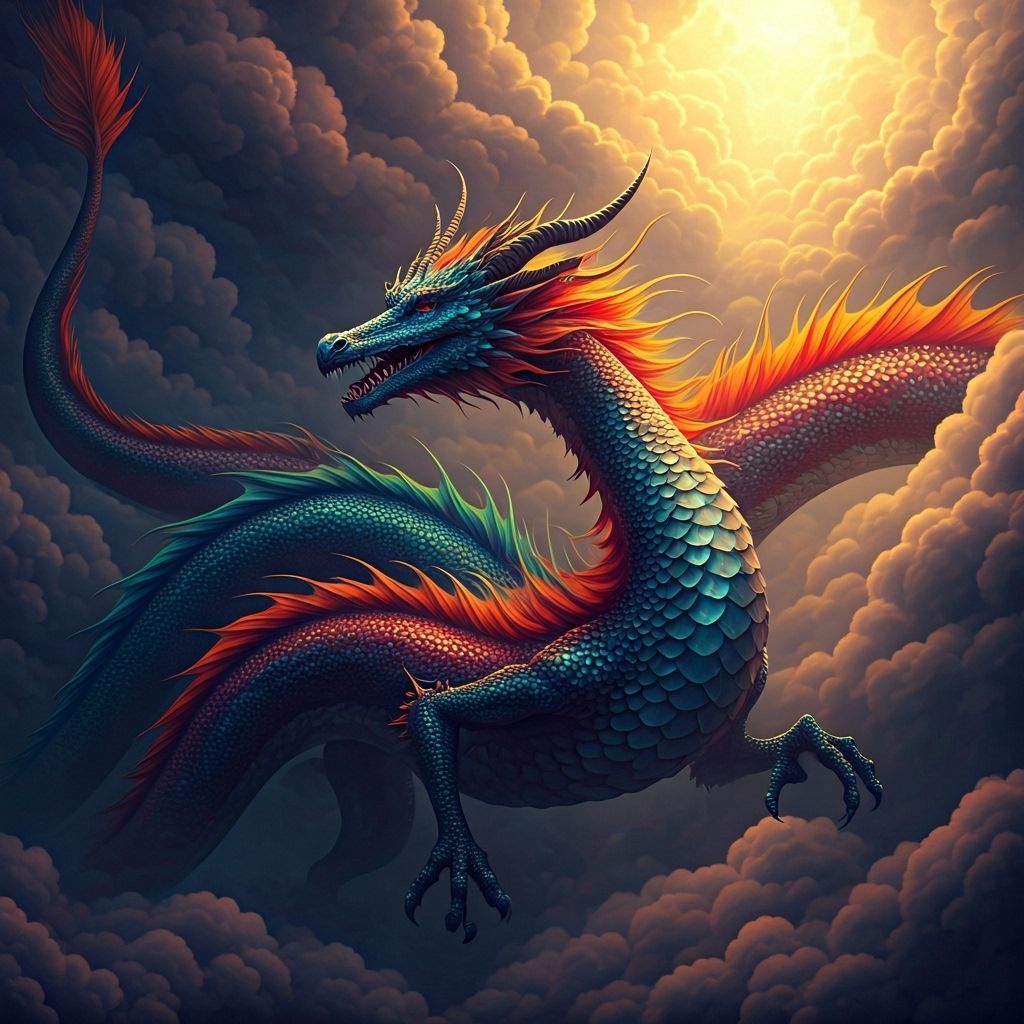 Rainbow Dragon Soaring Through Misty Clouds