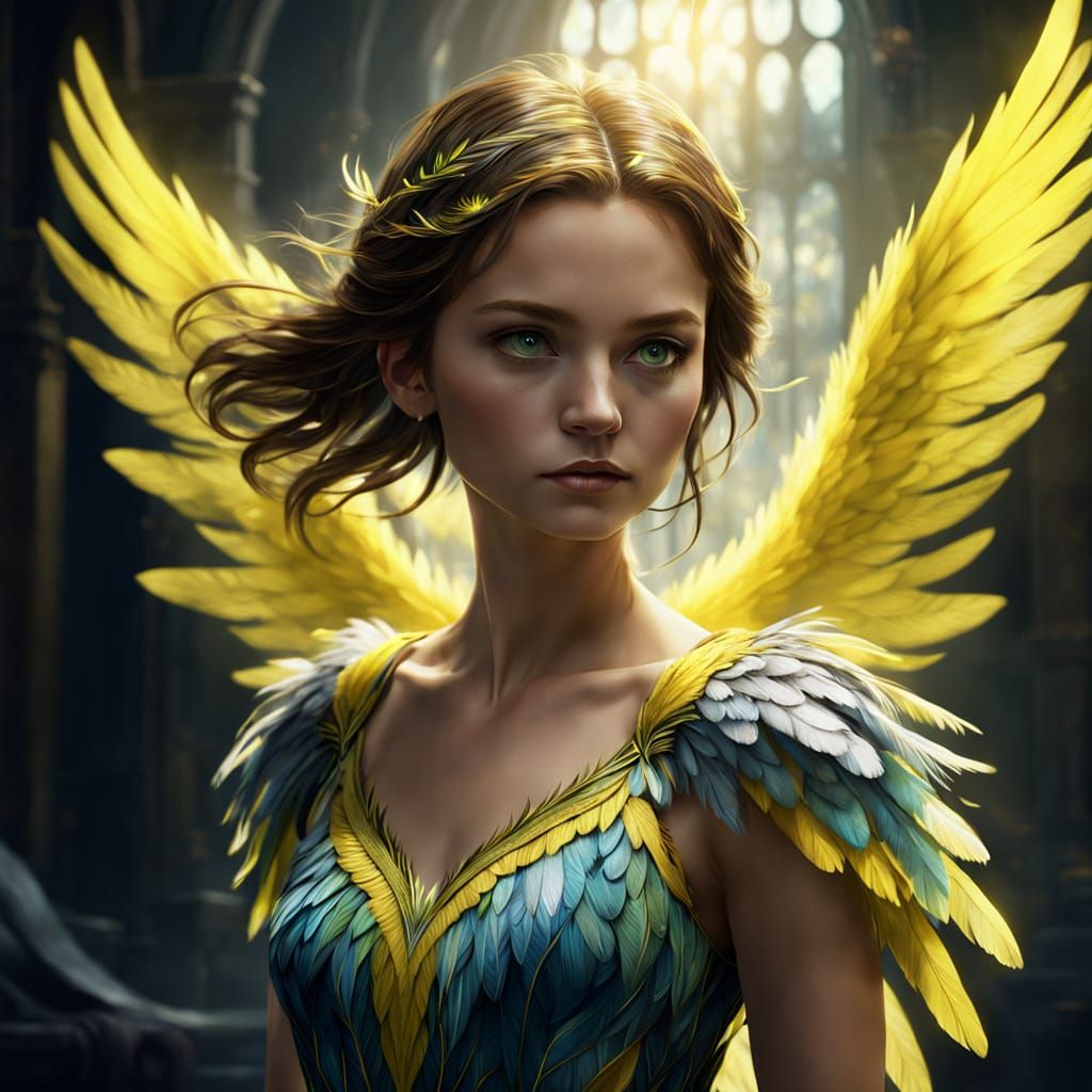 Ethereal Woman With Yellow Wings In Cinematic Film Still