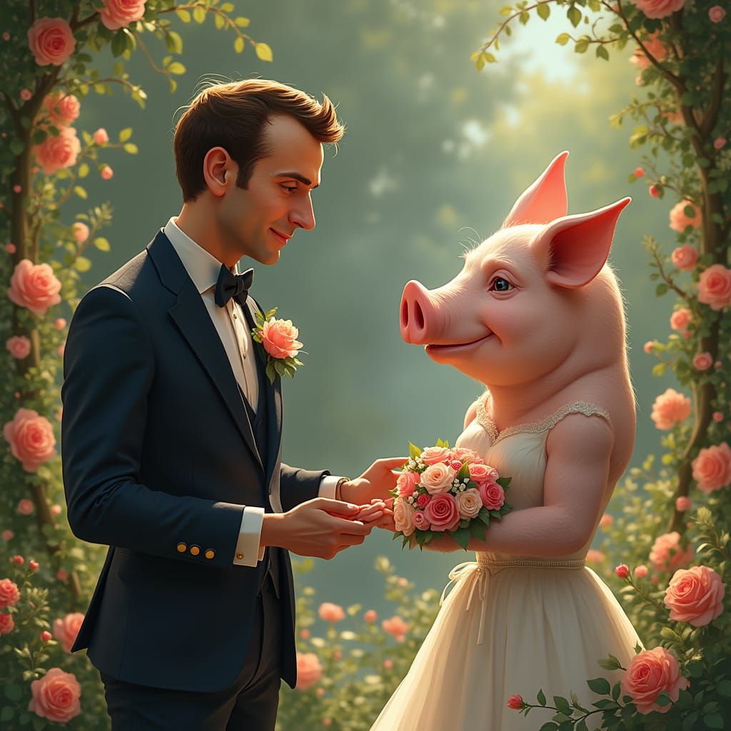 Elegant Politician Marries Gentle Pig in Whimsical Garden Sc...