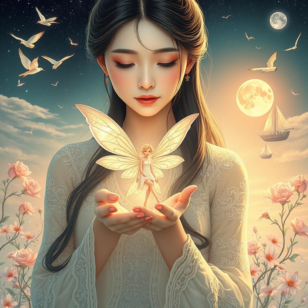 Woman Holding Fairy in Surreal Dreamscape, 8K Render