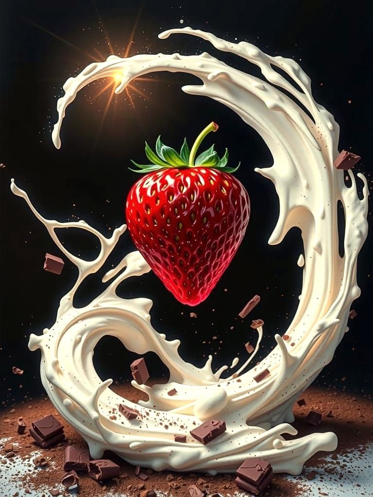 Levitating Strawberry in Cream and Chocolate Vortex