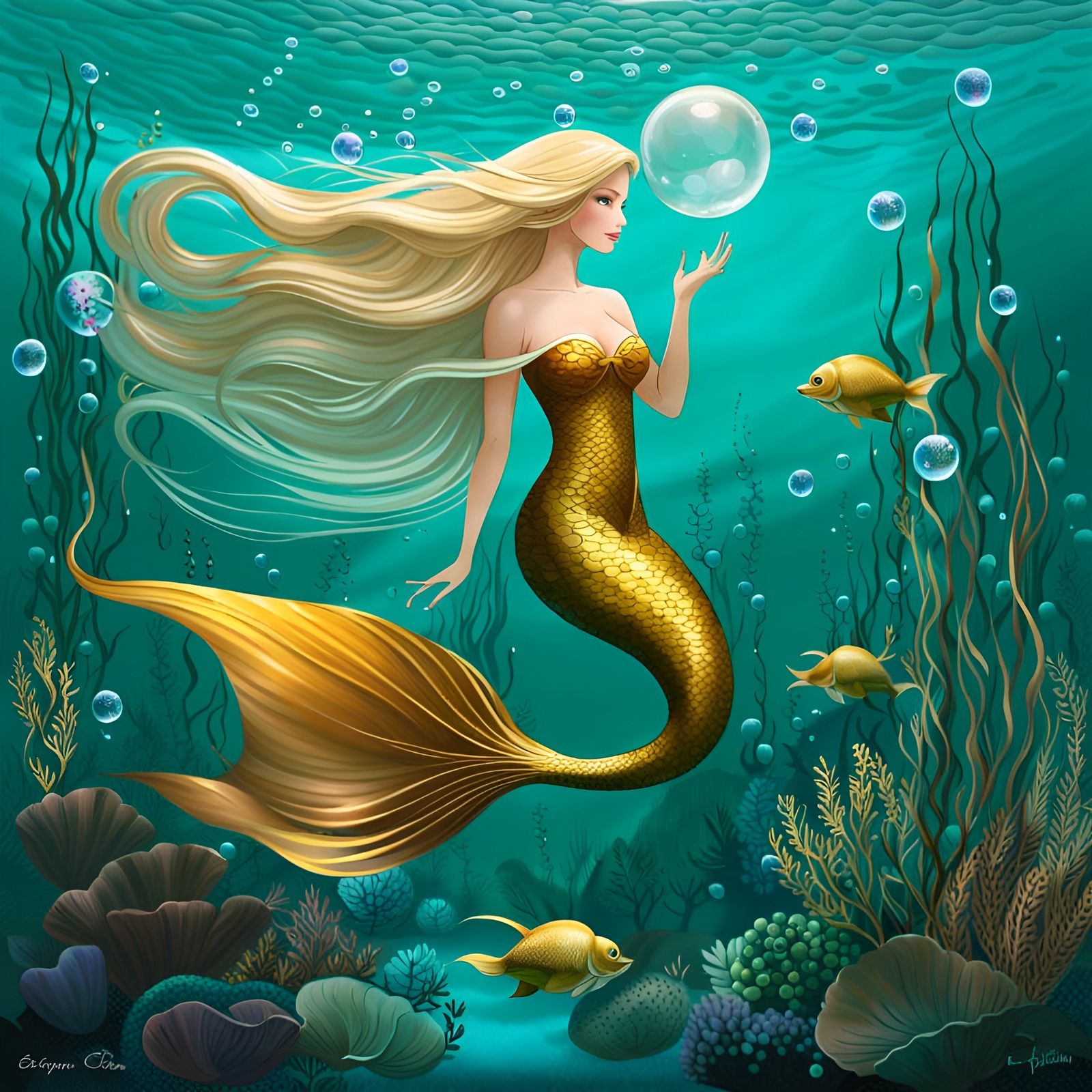 Blond Mermaid Princess in Turquoise Water