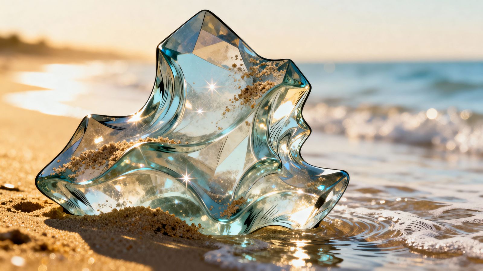 Glass Sculpture Washed Ashore in Comic Art Style