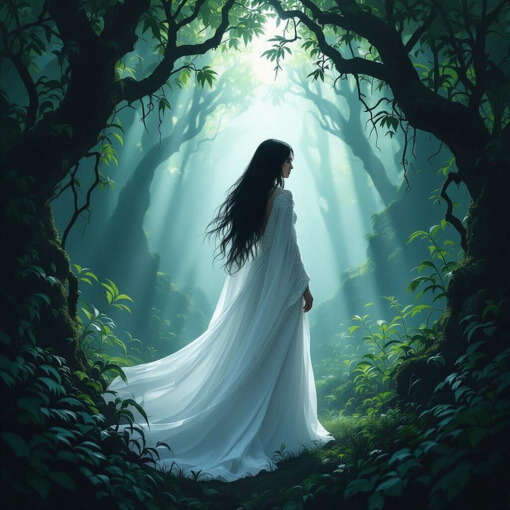 Woman in White Dress in Mystical Forest with Light